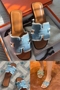 Hermes 絕版牛仔布平底拖鞋🩵